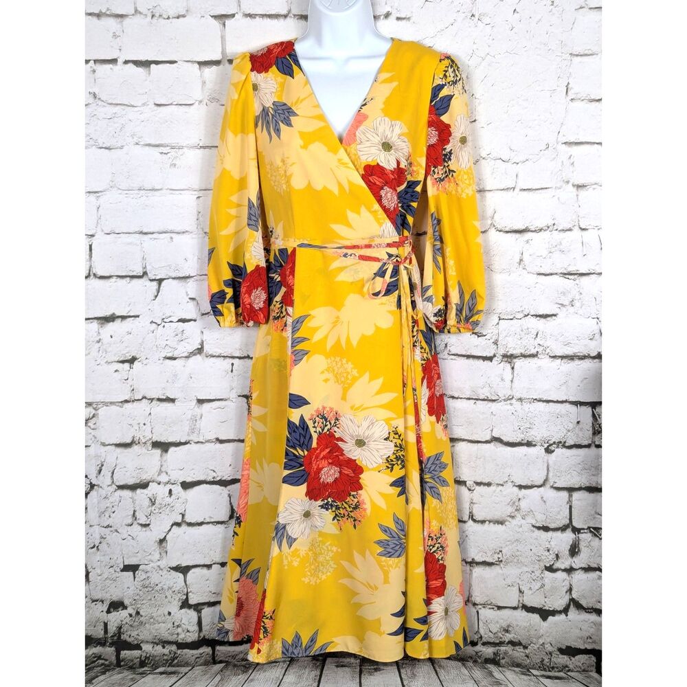 ELIZA J Yellow Bold Floral Faux-Wrap Midi Dress Feminine Cottage Garden Size 2